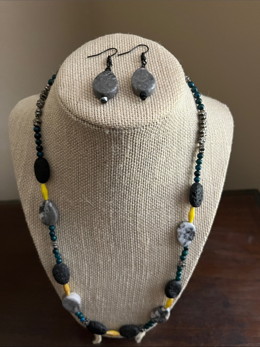 Gray Marble & Teal Beaded Necklace with Matching Earrings
